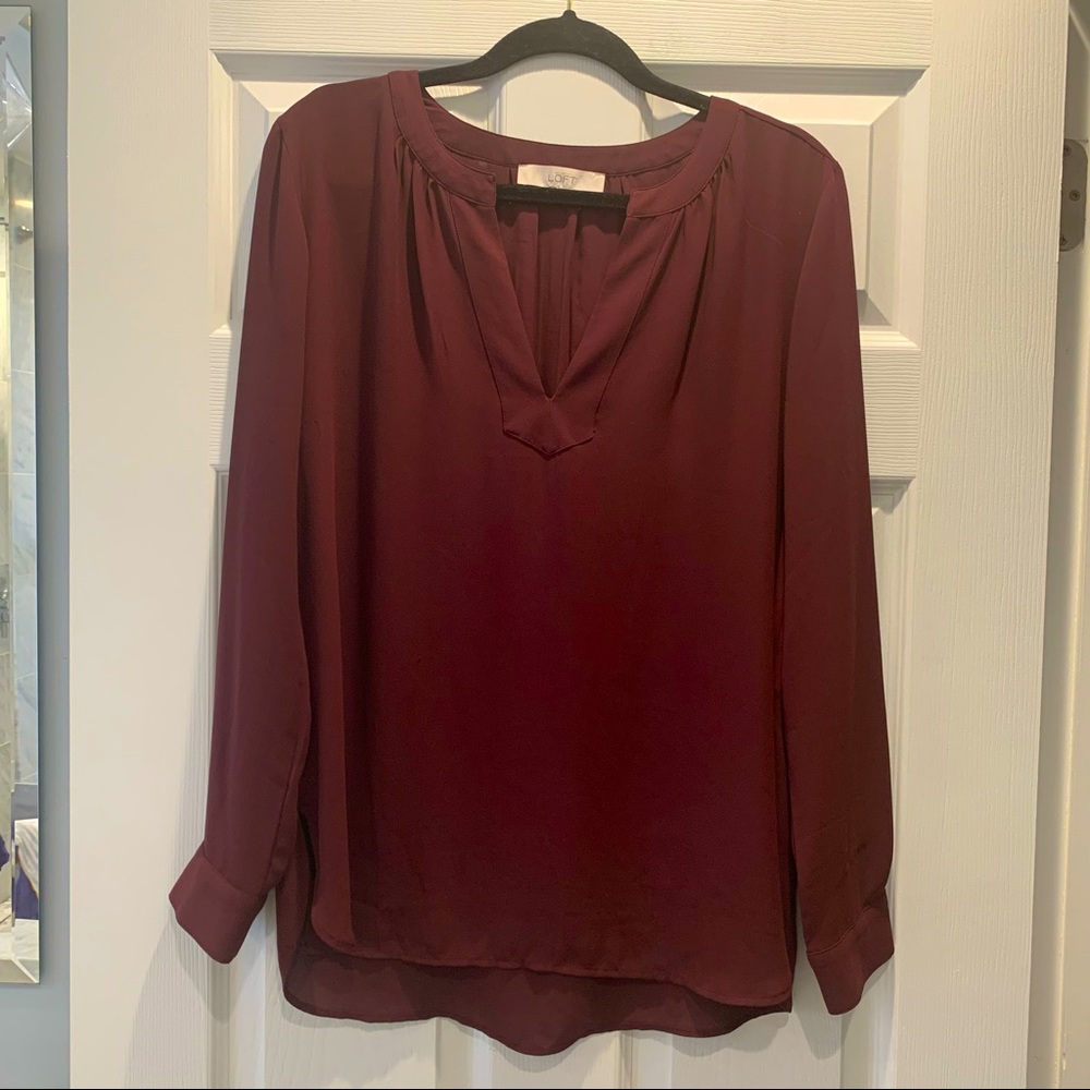 LOFT Burgundy Long-Sleeve V-Neck Blouse